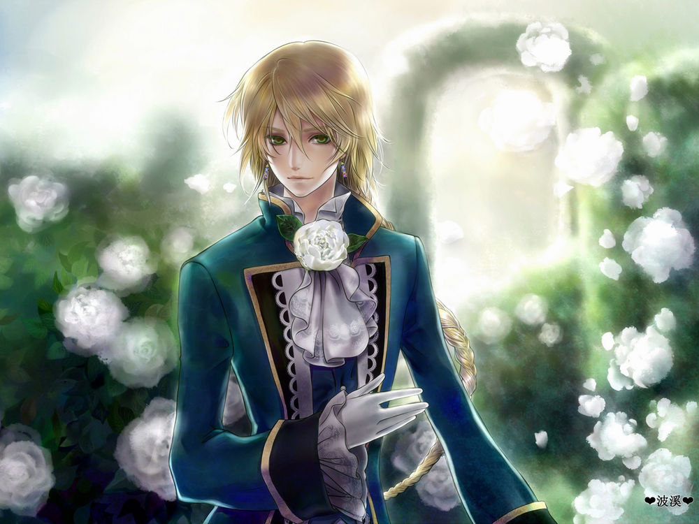 Обои для рабочего стола Джек из аниме 'Pandora Hearts / Сердца Пандоры' на фоне кустов белых роз