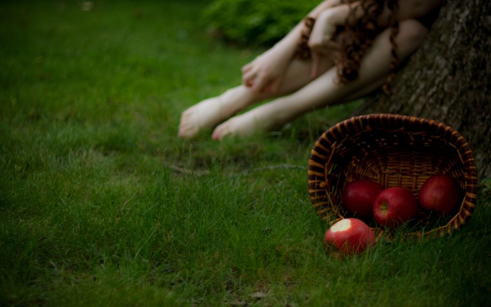 Обои для рабочего стола Голая девушка уронила корзину с яблоками на траву