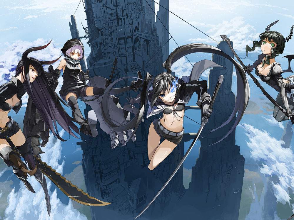 Обои для рабочего стола Девушки из альтернативного мира аниме 'Black Rock Shooter / Стрелок с Чёрной скалы' в небе возле замка