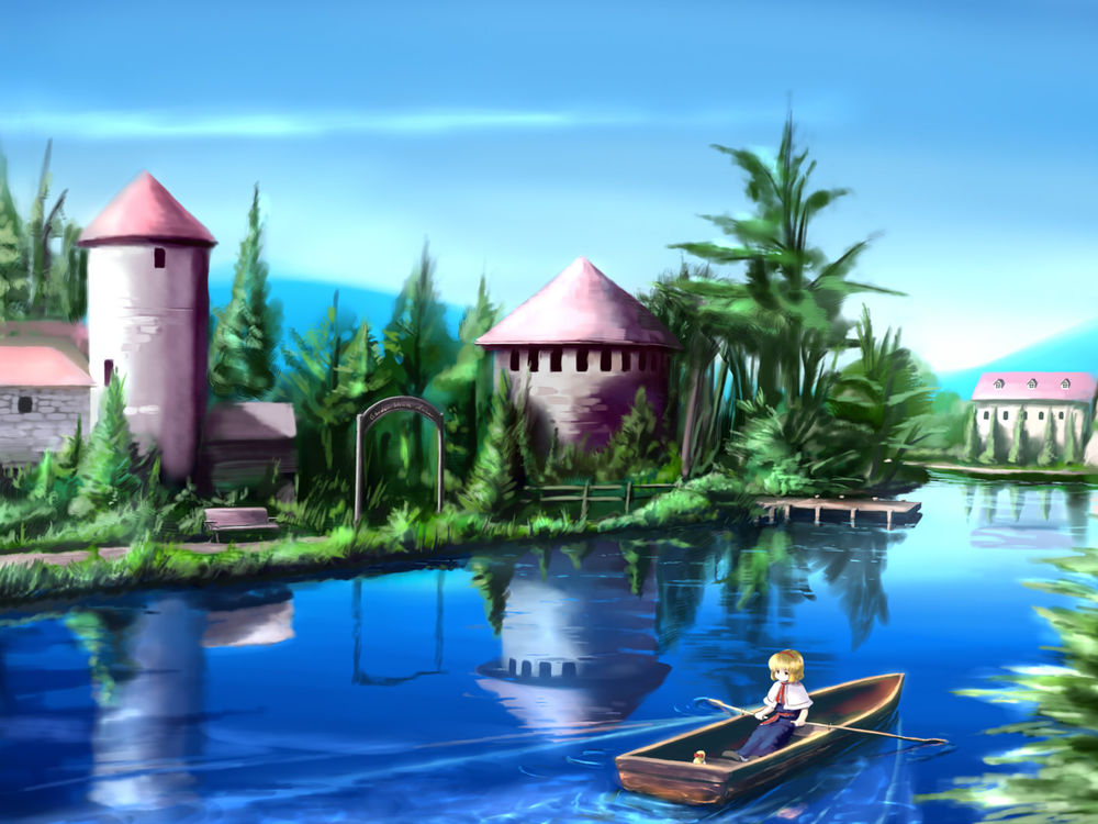 Обои для рабочего стола Алиса Маргатройд / Alice Margatroid из серии игр и аниме Тохо / Touhou плывет в лодке по реке