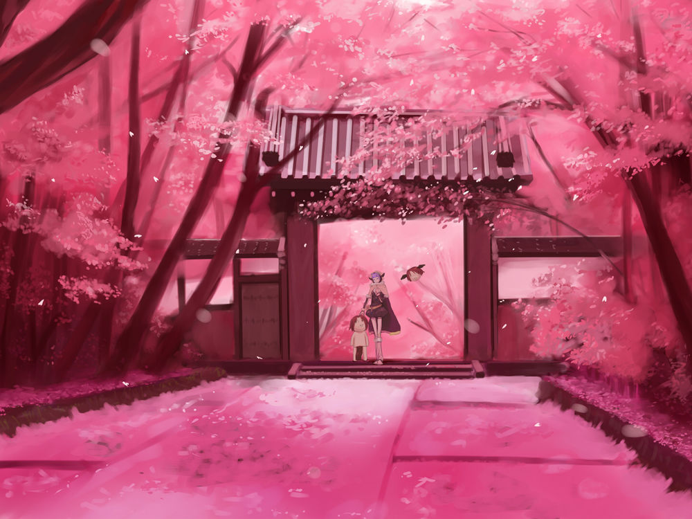 Обои для рабочего стола Девушка с человечком в набедренной повязке и летающей головой стоит в воротах японского храма, среди цветущей сакуры