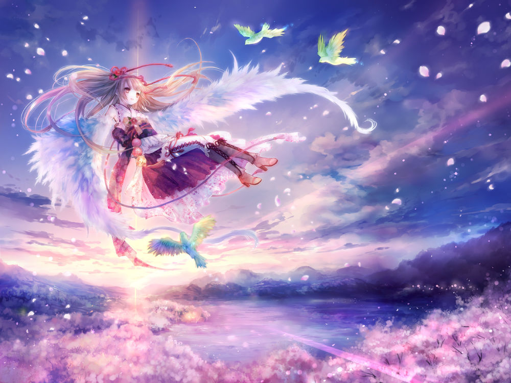 Обои для рабочего стола Девушка-ангел парит с райскими птицами в небе над озером