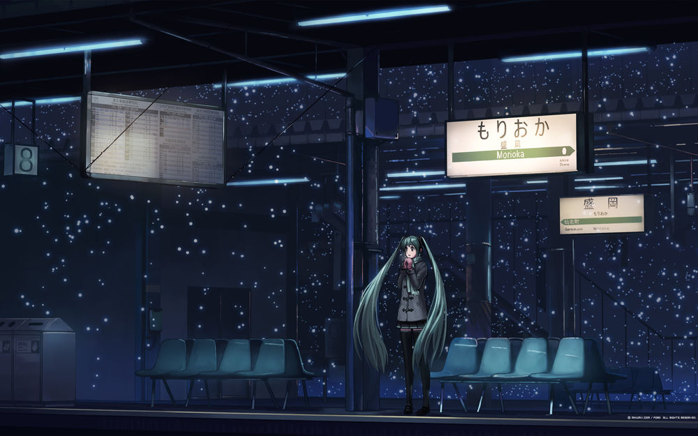 Обои для рабочего стола Замерзшая вокалоид Хатсуне Мику зимой стоит на станции метро