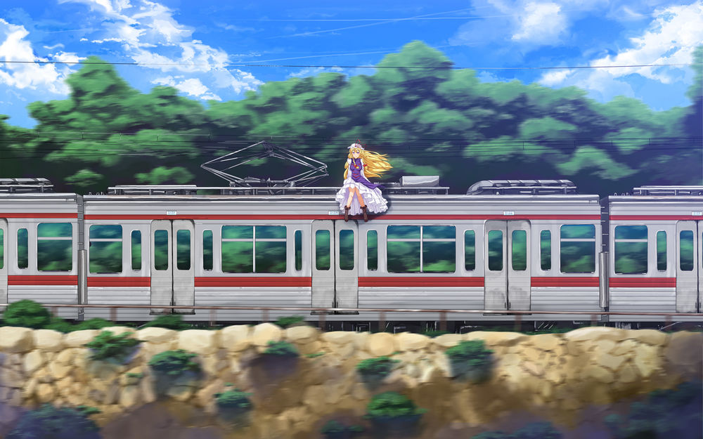 Обои для рабочего стола Yakumo Yukari / Юкари Якумо из аниме-игры Touhou Project сидит на крыше мчащейся электрички