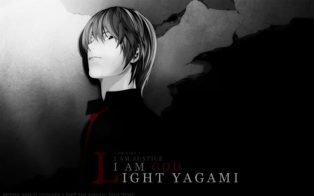 Обои для рабочего стола Кира из аниме 'Death note' (I am Kira. I am justice. A am God. A am Light Yagami)