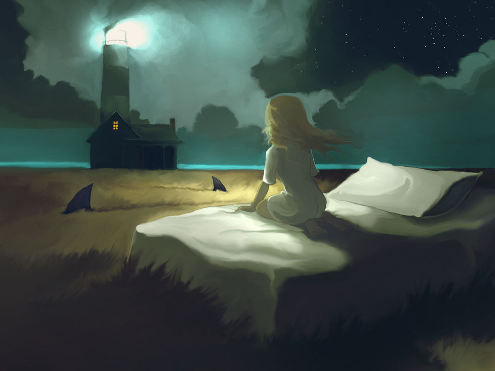 Обои для рабочего стола Девочке снится, что она сидит на своей кровати в поле, в котором плавают акулы, а за ее домом стоит маяк