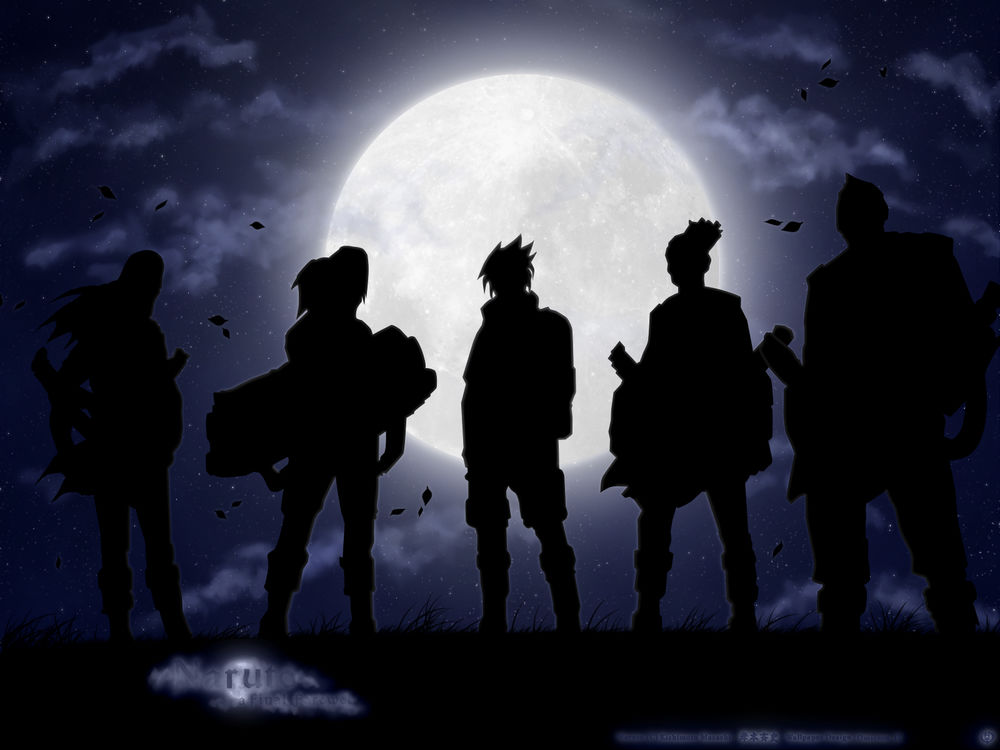Обои для рабочего стола Нинзя звука из аниме 'Naruto / Наруто' стоят на фоне луны (Naruto a final farewel)