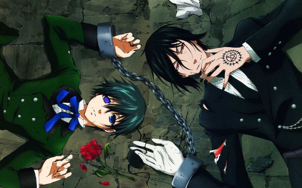Обои для рабочего стола Себастьян и Сиэль из аниме 'Тёмный дворецкий / Kuroshitsuji' лежат прикованные друг к другу кандалами за руки
