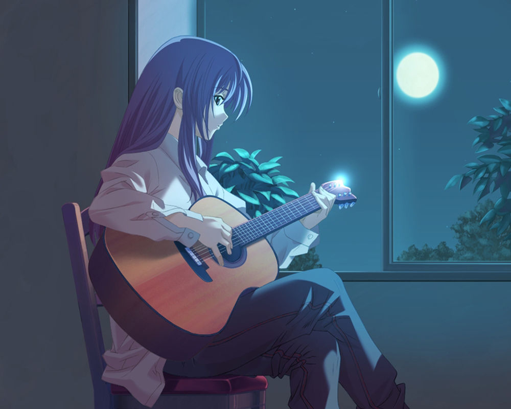Обои для рабочего стола Девушка, лунной ночью, сидя на стуле у окна, играет на гитаре