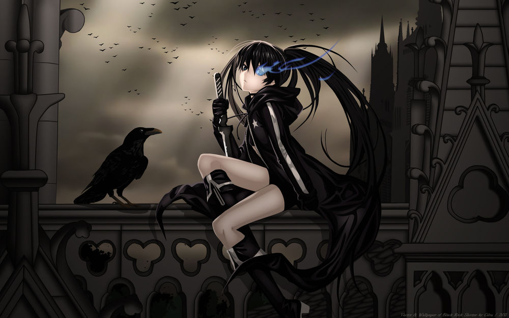 Обои для рабочего стола Стрелок с Чёрной скалы и ворон (Vector & Wallpaper of Black Rock Shooter by Cilou / 2011)