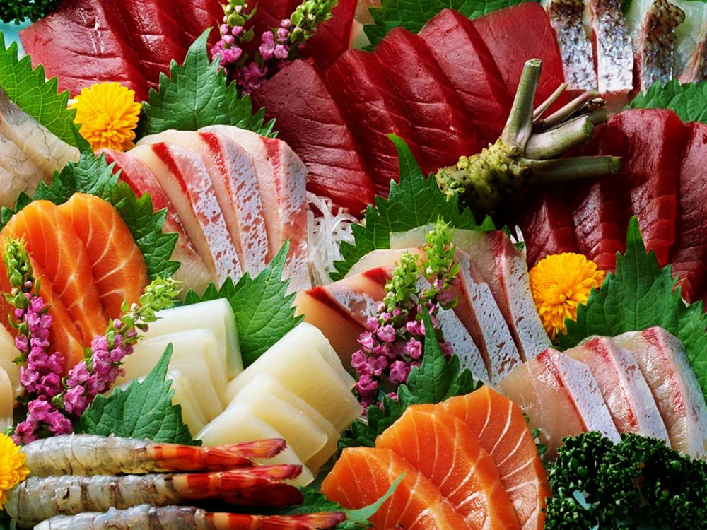 Обои для рабочего стола Азиатская кухня - рыба, креветки, экзотические овощи, цветы