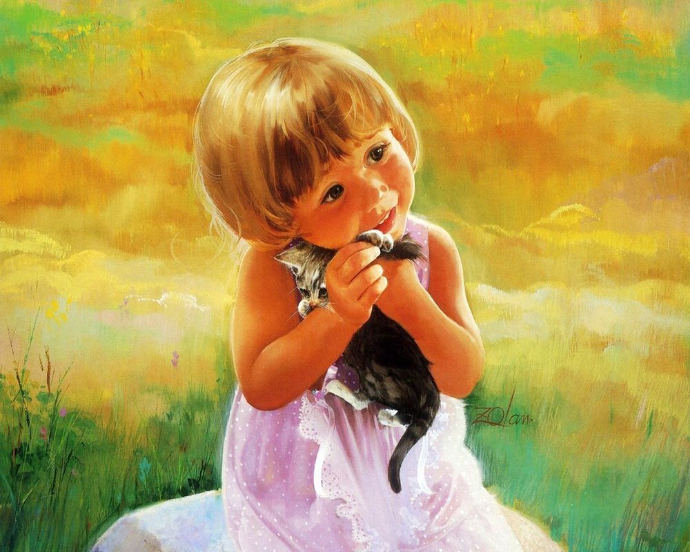 Обои для рабочего стола Картина Дональда Золана/Donald Zolan *Девочка прижимает к себе котёнка*