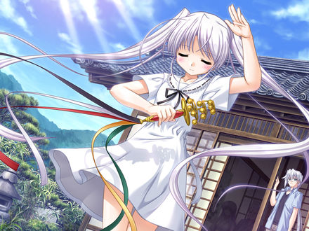 Обои на рабочий стол Сиро Тоги из аниме 'Развилка Фортуны / Fortune Arterial' стоит перед домом с каким-то предметом в руке