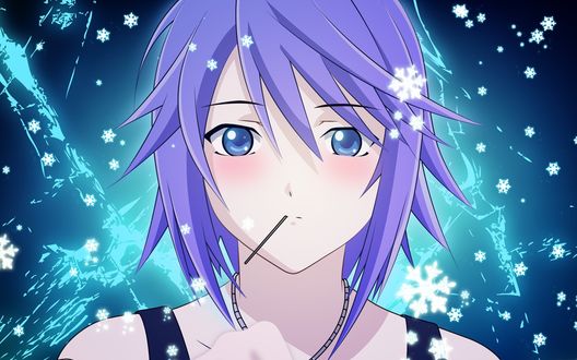 Обои на рабочий стол Мидзорэ Сираюки с зубочисткой во рту из аниме (Rosario + Vampire)