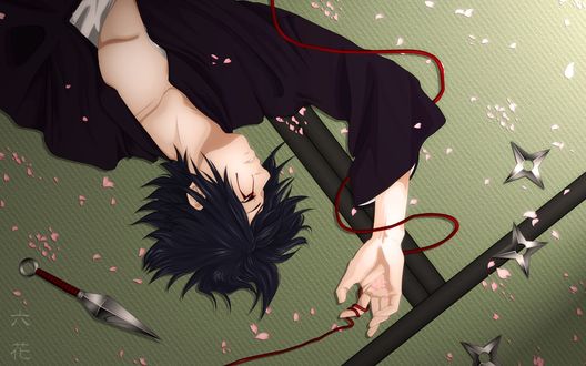 Обои на рабочий стол Саске Учиха из аниме Наруто в лепестках сакуры (Sasuke Uchiha 'Naruto')