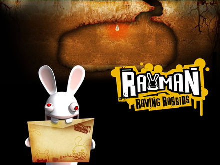 Обои на рабочий стол Бешеный кролик грызет конверт (Rayman Raving Rabbids)