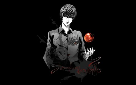 Обои на рабочий стол Ягами Лайт подбрасывает в руке красное яблоко (... Bad Apples), аниме Death Note / Тетрадь смерти