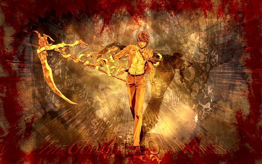 Обои на рабочий стол Ягами Лайт с огромной косой в руке (The God of The Old World), аниме Death Note / Тетрадь Смерти
