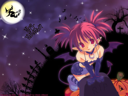 Обои на рабочий стол Etna из игры Disgaea ночью в Хэллоуин на кладбище (Happy Halloween)