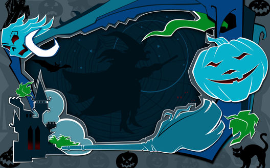 Обои на рабочий стол Хэллоуин / Haloween - тыквы, ведьма на помеле, черный кот