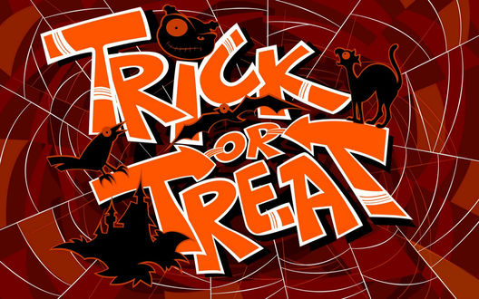 Обои на рабочий стол Trick or Treat - фоном для надписи служит паутина, черный кот, летучие мыши, замок, воронье, тыква, все, что сопутствует этому празднику Halloween
