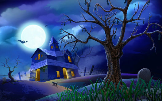Обои на рабочий стол Halloween - ночь на полнолуние, над заброшенным замком в небе летучие мыши, на переднем плане могильные плиты, вдали крадется черный кот