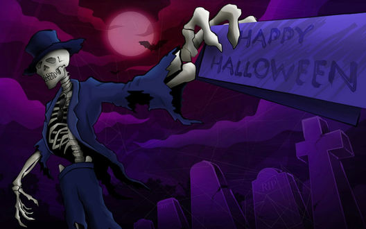 Обои на рабочий стол В руке скелета на кладбище табличка с надписью Happy Halloween
