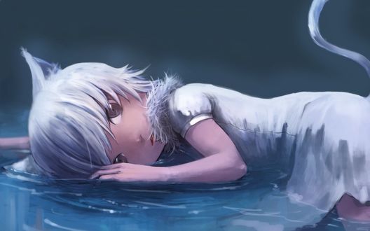 Обои на рабочий стол Девушка-неко лежит  в воде