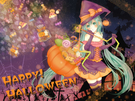 Обои на рабочий стол Вокалоид Хатсуне Мику в Хэллоуин (Happy Halloween)