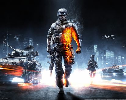 Обои на рабочий стол Солдат из игры Battlefield 3 с автоматом на фоне танков, самолетов и вертолетов отдаляется от города идя по дороге
