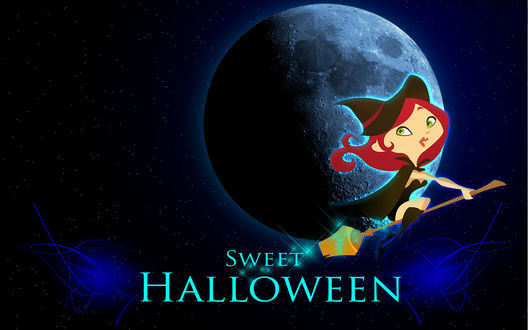 Обои на рабочий стол Девушка-ведьмочка на метле возле луны (Sweet Halloween / Сладкий Хэллоуин)