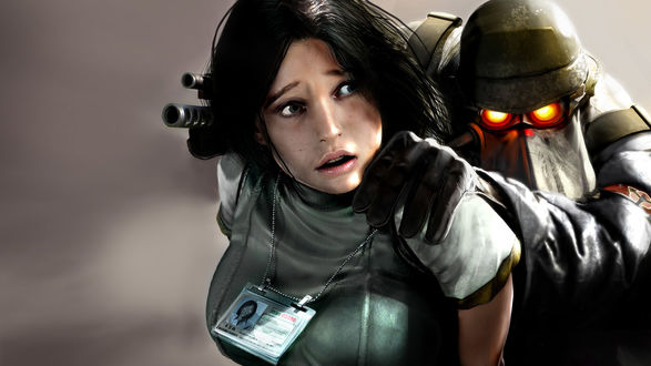 Обои на рабочий стол Солдат из игры Killzone 2 держит заложницу