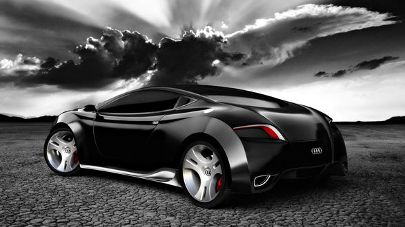 Обои на рабочий стол Чёрная Ауди / Audi стоит на дороге под серым небом