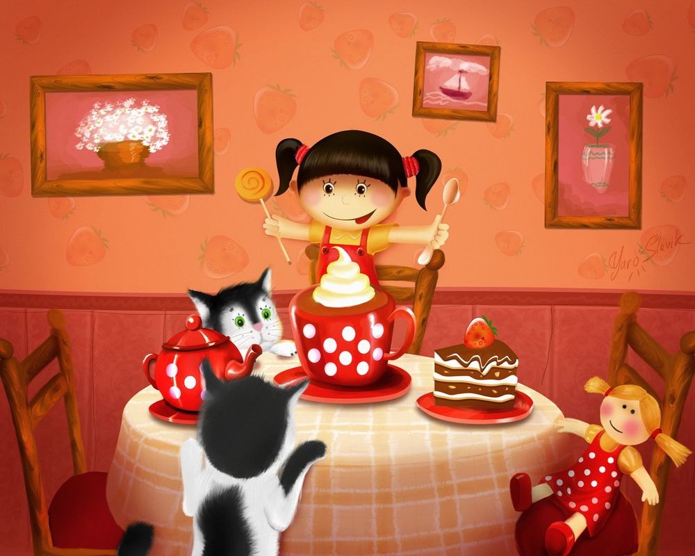 Обои для рабочего стола Девочка устроила чаепитие с тортом для двух котят и куклы