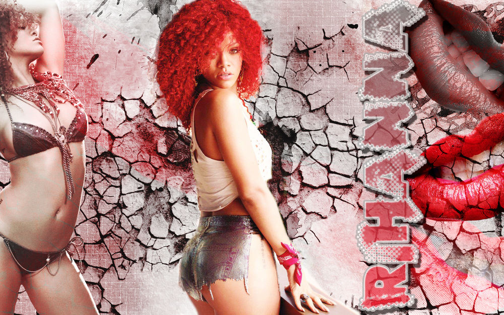 Обои для рабочего стола Гламурная Rihanna / Рианна на фоне потрескавшейся стены