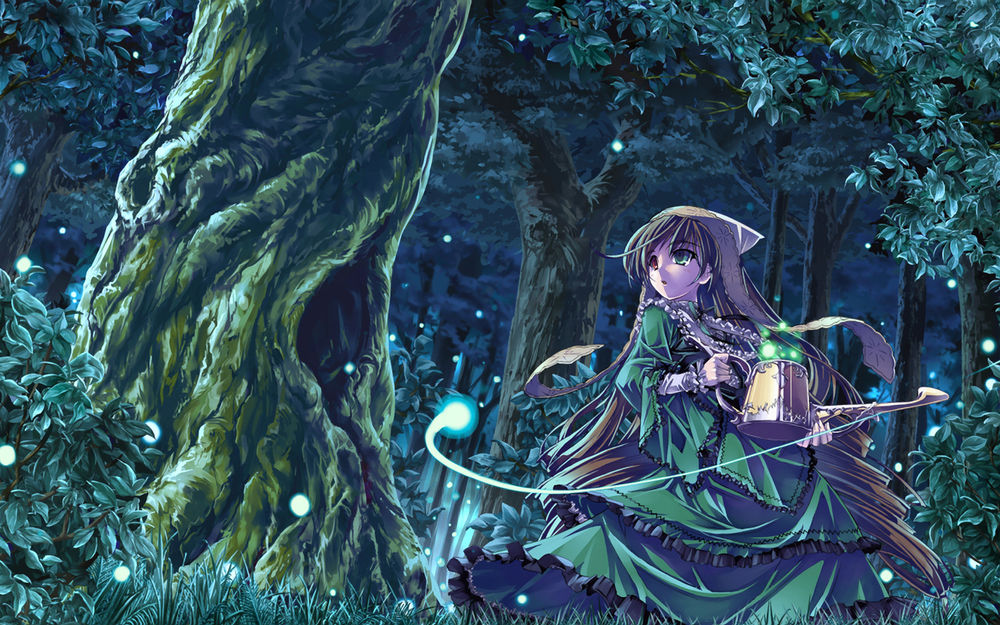Обои для рабочего стола Suiseiseki из аниме 'Rozen Maiden' с волшебной лейкой в лесу