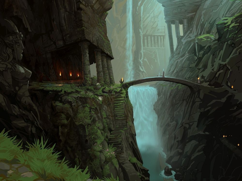 Обои для рабочего стола Древнее святилище и мост через бушующую горную реку с водопадом и каменные ступени ведущие к нему