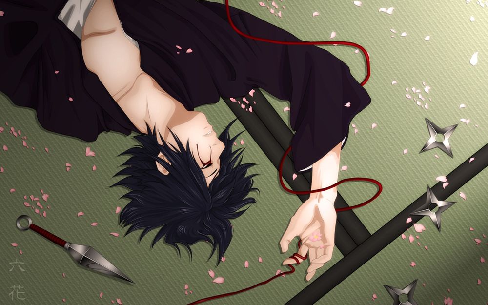 Обои для рабочего стола Саске Учиха из аниме Наруто в лепестках сакуры (Sasuke Uchiha 'Naruto')