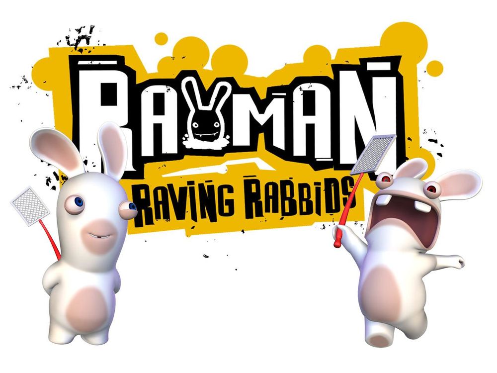 Обои для рабочего стола Два бешеных кролика с мухобойками (Rayman Raving Rabbids)