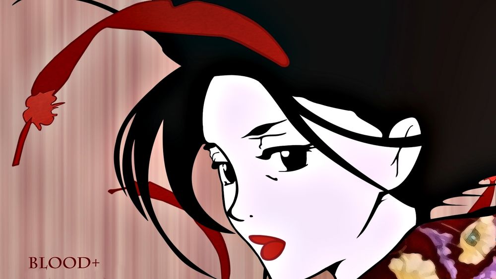 Обои для рабочего стола Вокруг Сайи кружатся красные перья (Blood+), аниме Blood+