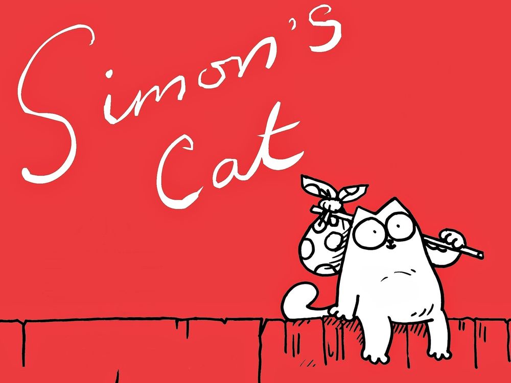 Обои для рабочего стола Кот Саймона, закинув на плечо палку с узелком вещей, сидит на заборе (Simon's Cat),  мультфильм Simon's Cat / Кот Саймона