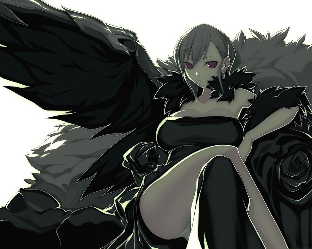 Обои для рабочего стола Демон девушка с большой грудью с черными крыльями и черными розами вокруг нее