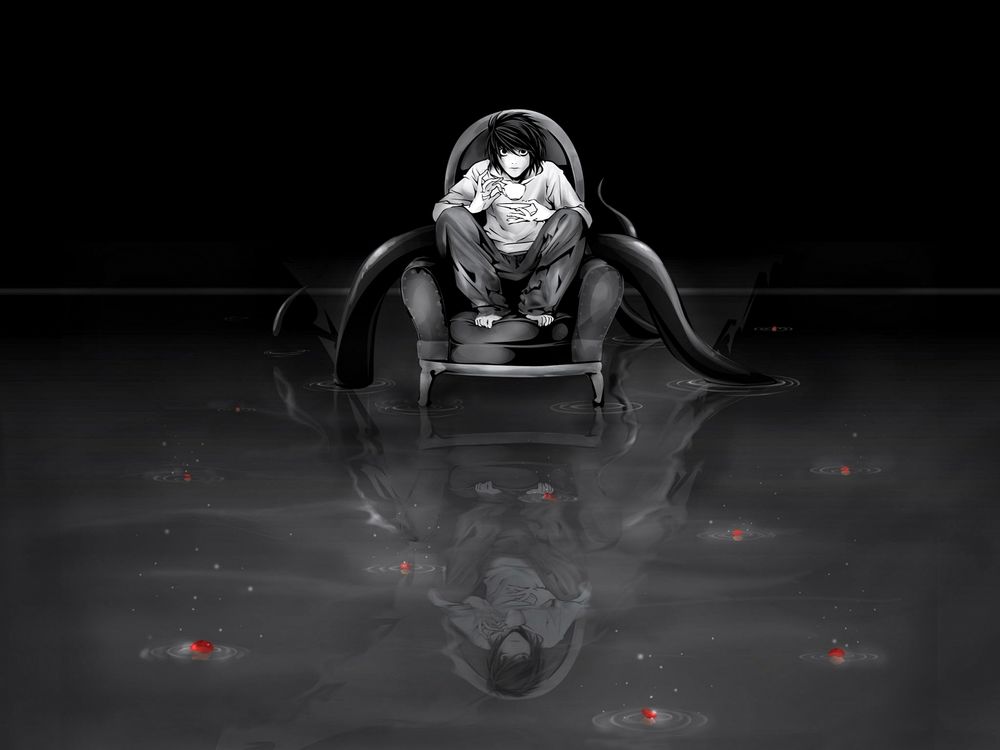 Обои для рабочего стола Эл на корточках сидит в стоящем на воде кресле держа в руках блюдце с чашкой, аниме Death Note / Тетрадь Смерти