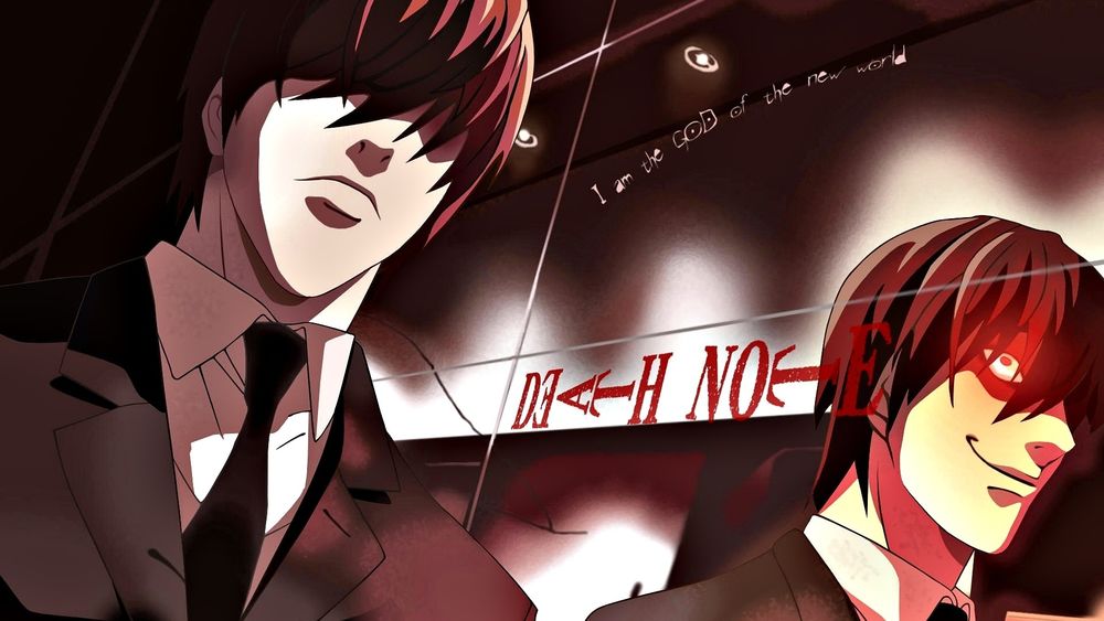 Обои для рабочего стола Безумное отражение лица Ягами Лайта в витрине (Death Note, I am the GOD of the new world)