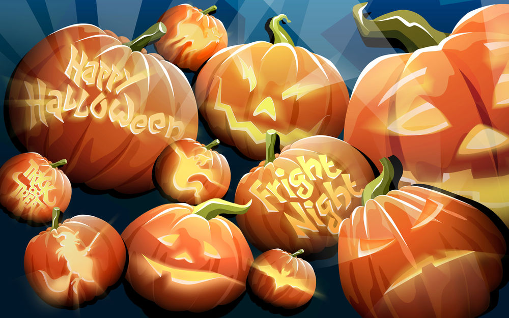 Обои для рабочего стола Тыквы с разными вырезанными фразами и лицами (Happy Halloween, Fright Night)