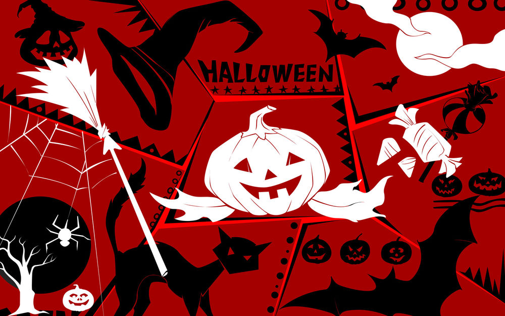 Обои для рабочего стола Хэллоуин / Halloween. Тыква, метла, полная Луна, паутина с пауком, летучие мыши, леденцы