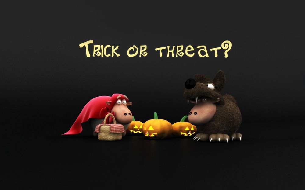 Обои для рабочего стола Две овечки нарядились к хэллоуину, одна в костюме красной шапочки, другая в костюме волка (Trick or threat?)