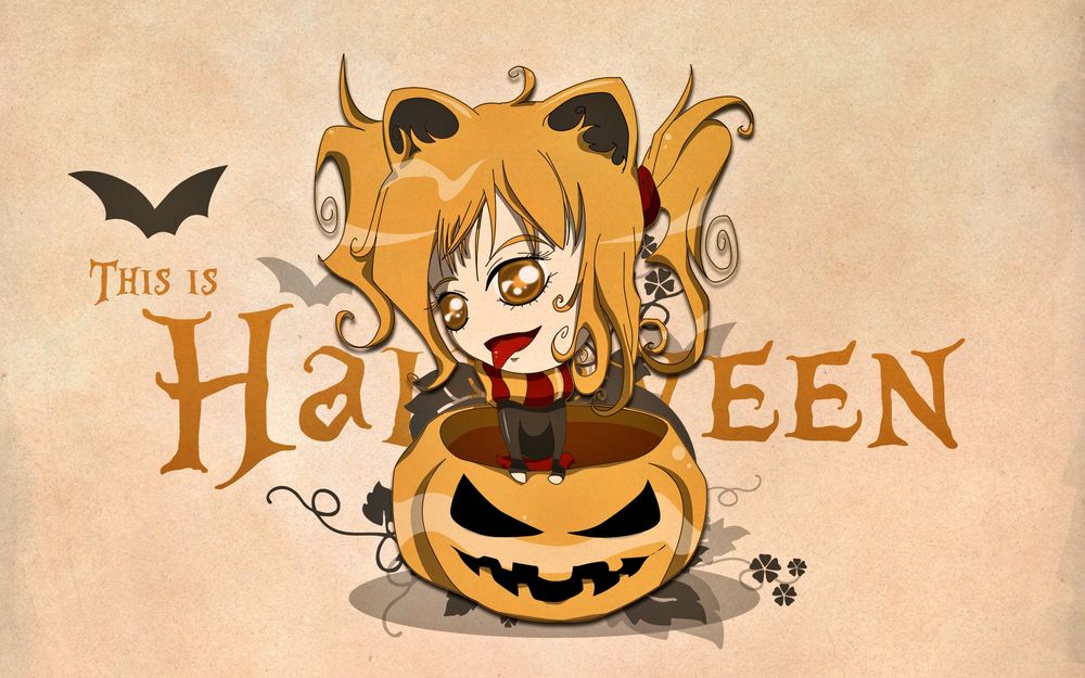 Обои для рабочего стола Девочка-лисица вылезшая из тыквенного котла (This is Halloween)