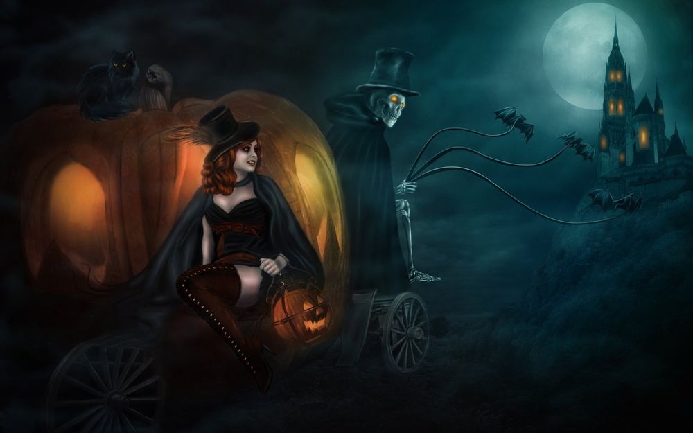 Обои для рабочего стола Девушка в карете из тыквы и кучер-скелет направляются в замок / Halloween Cinderella