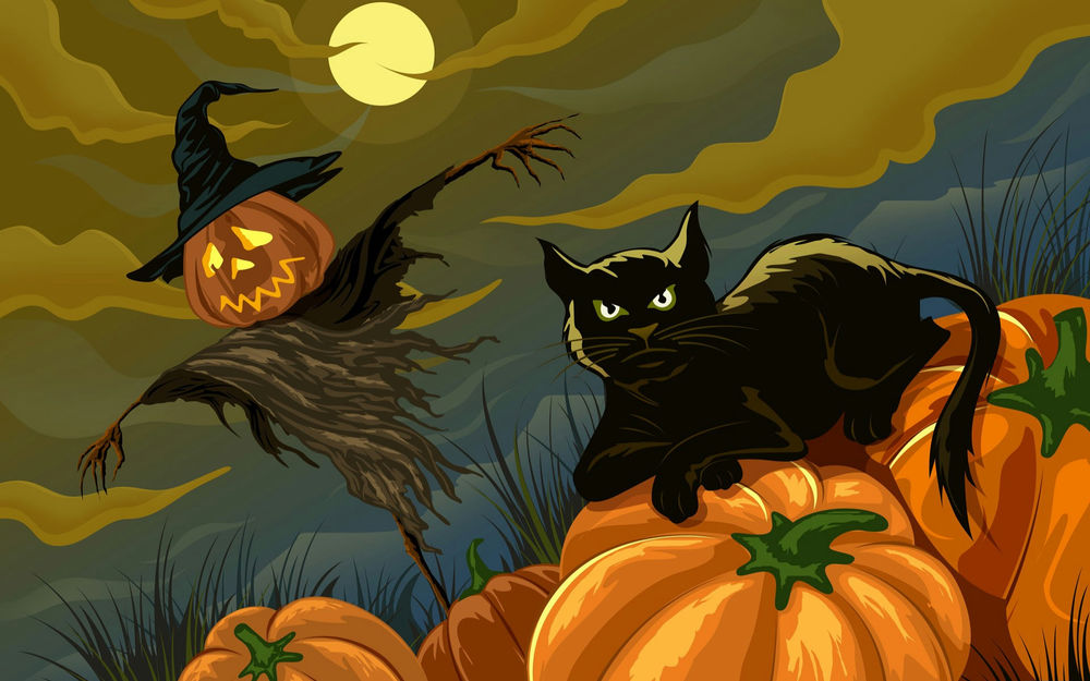 Обои для рабочего стола Ночь на Хеллоуин- чучело, луна, черный кот и тыквы